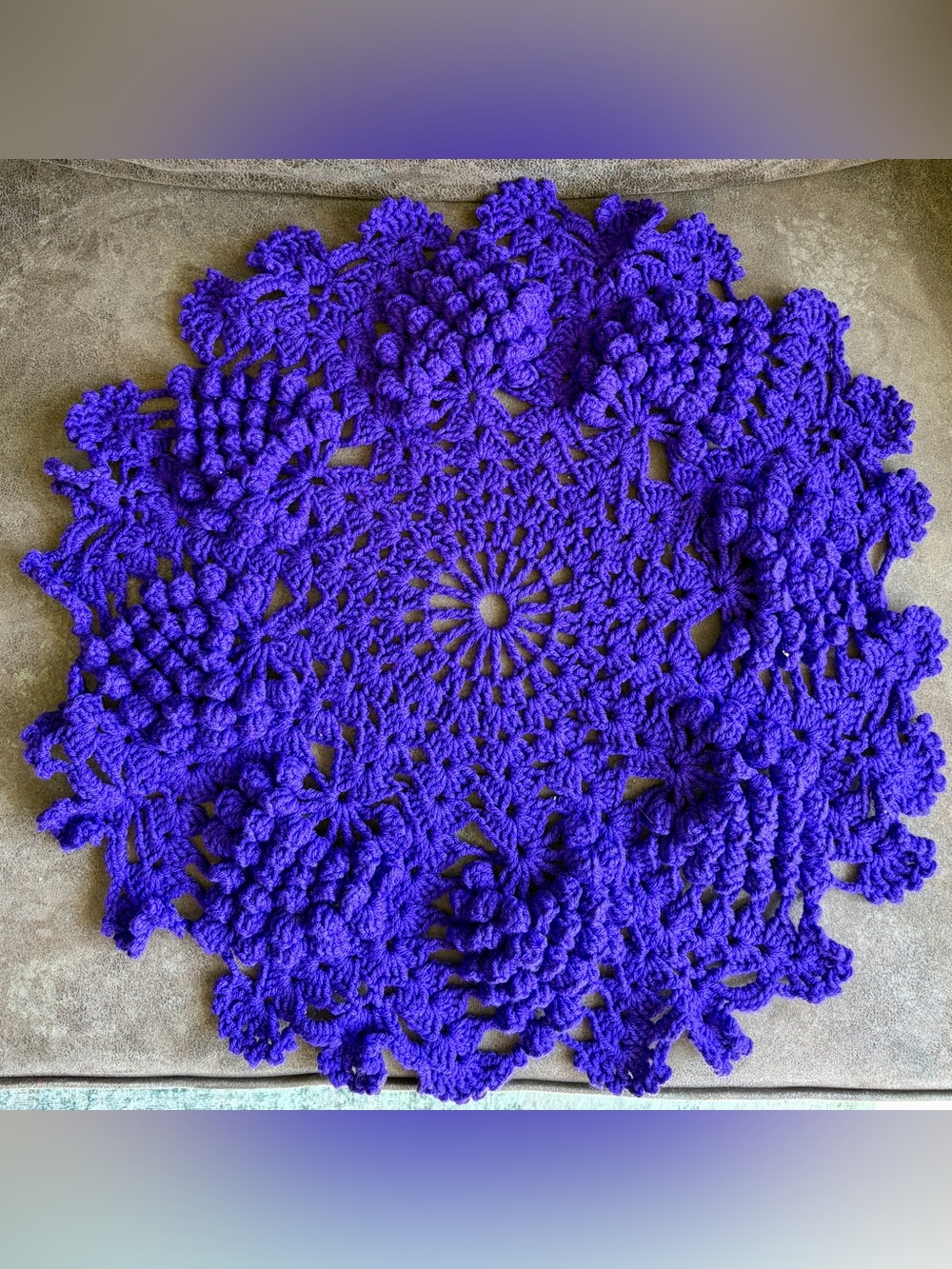Large 24" Vintage Crochet Grape Doily Centerpiece 3D Popcorn Stitch Purple Mat